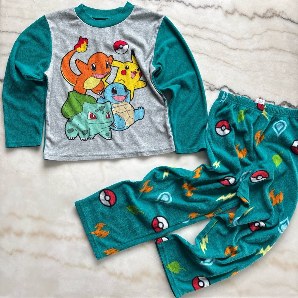 Pokémon Kids Fleece Pajama Set Size 8 Boys Girls Teal Pikachu Starter PJs 2pc